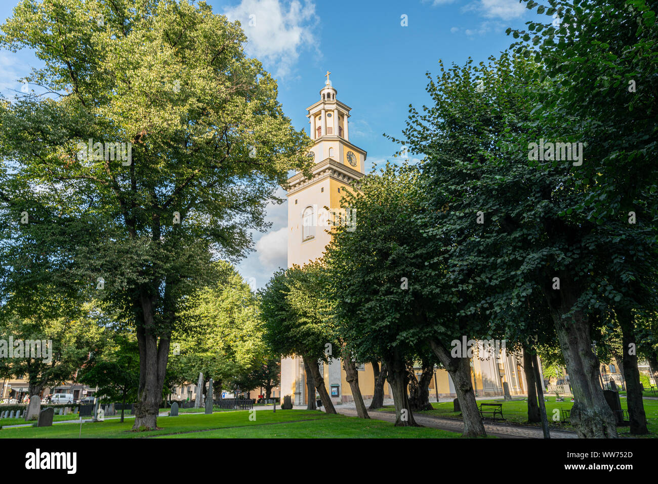 Stockholm, Sweden. September 2019.  A panoramic view of the  St. Mary Magdalene Church from the cemetery park Stock Photo