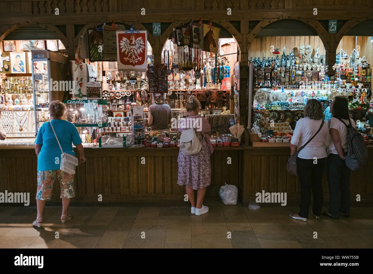 Souvenir sale in the cloth halls of Krakow, Poland Stock Photo