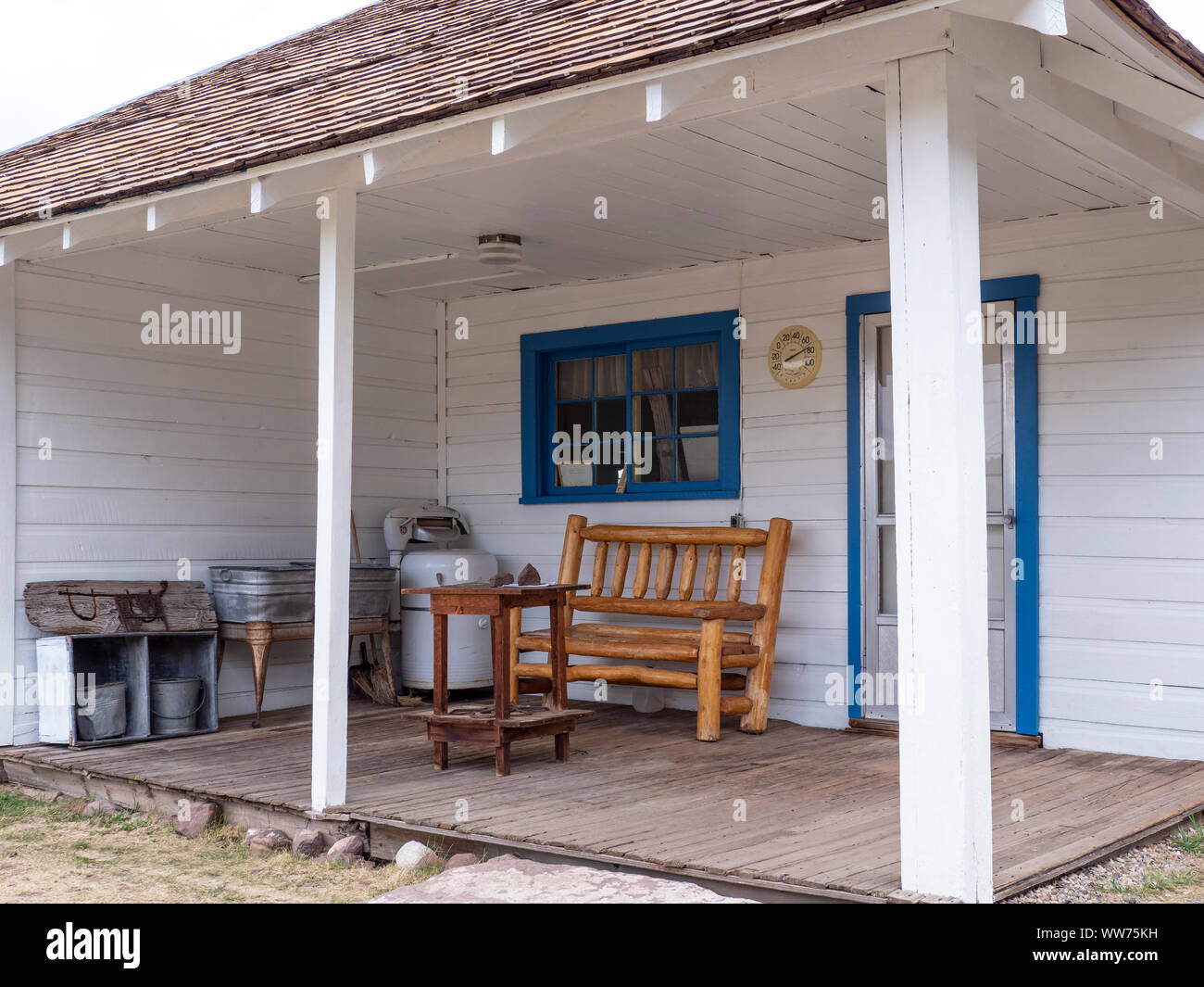 Front porch of main house, Swett Ranch National Historic site, Flaming Gorge National Recreation Area near Dutch John, Utah. Stock Photo