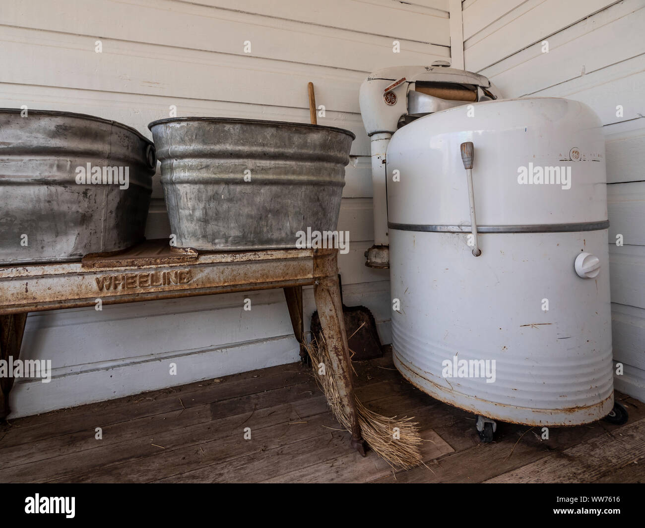 Old wringer washing machine, Swett Ranch National Historic site, Flaming Gorge National Recreation Area near Dutch John, Utah. Stock Photo