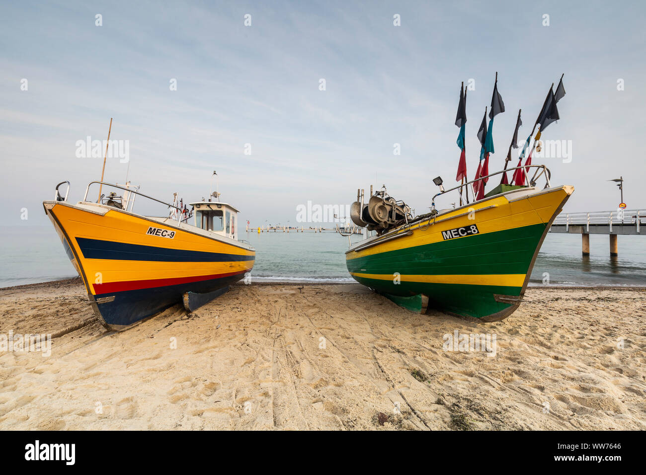 Europe, Poland, Pomerania, Mechelinki beach, fishing boats Stock Photo
