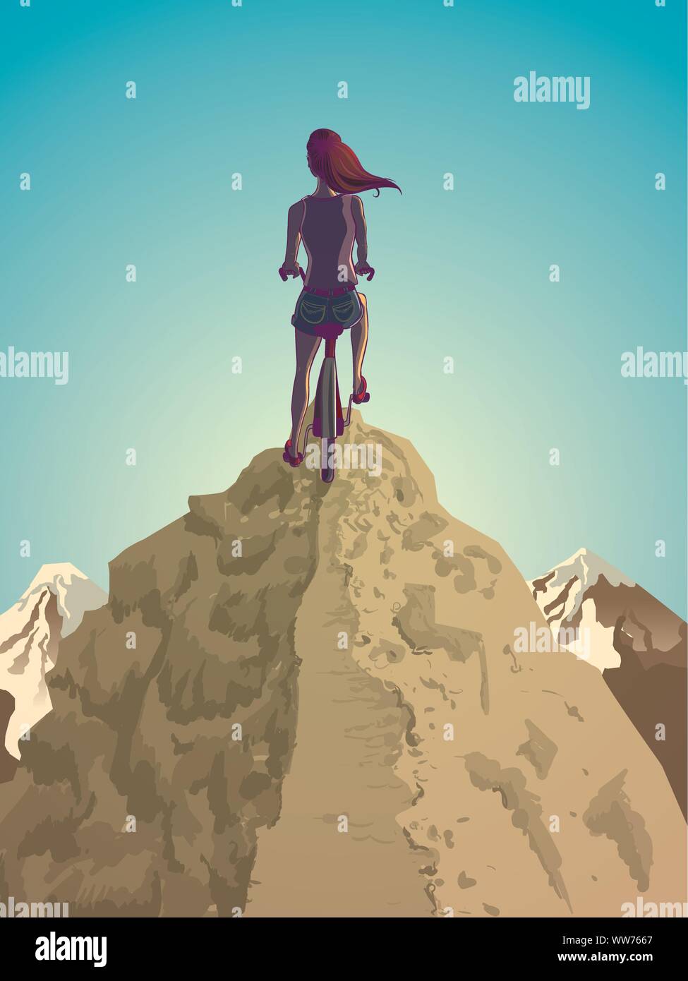 Illustration of a biking girl on the top of a mountain Stock Vector
