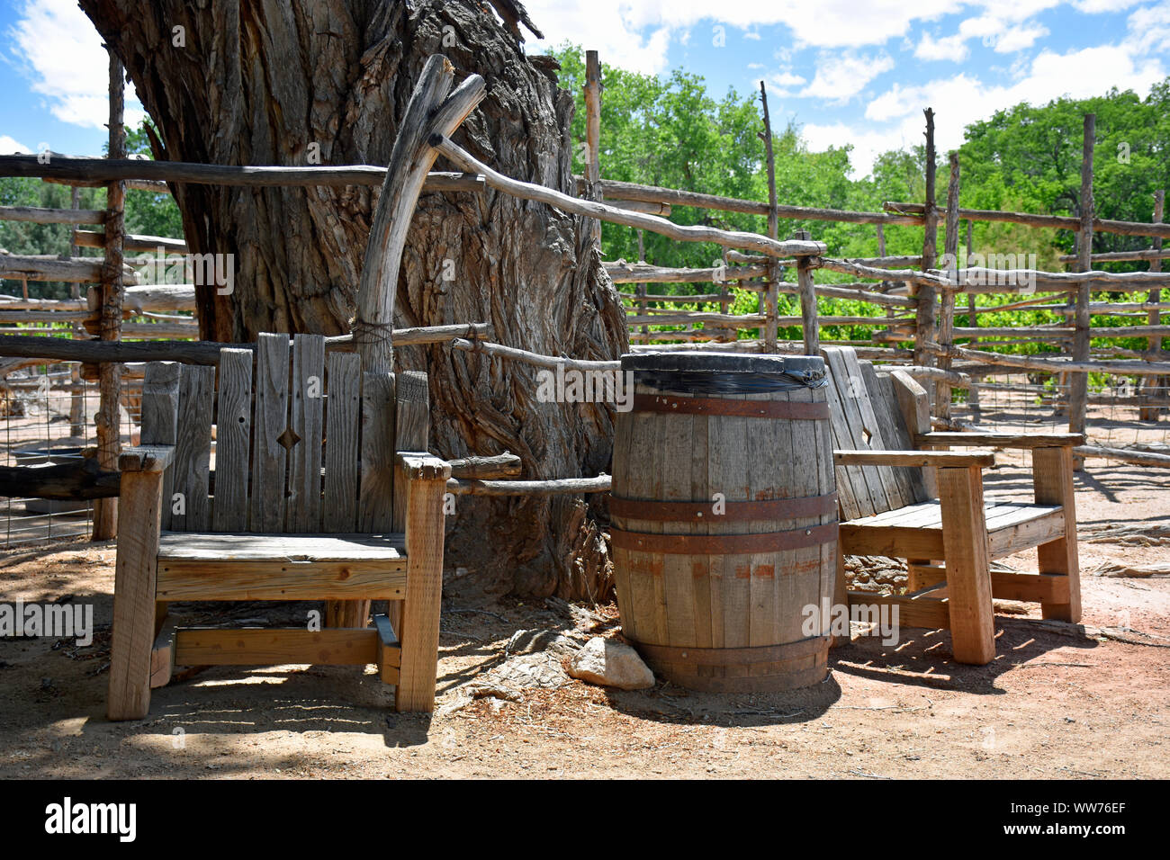 Barn Yard Chairs and Barrel at the Heritage Farm in New Mexico. Stock Photo