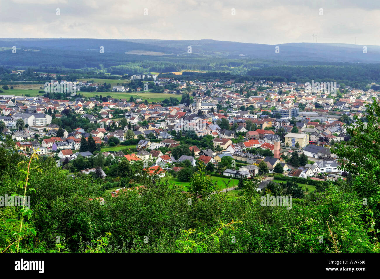 View of Losheim am See from Galgenberg Hill, Saar-HunsrÃ¼ck Nature Park, Merzig-Wadern (district), Saarland, Germany Stock Photo