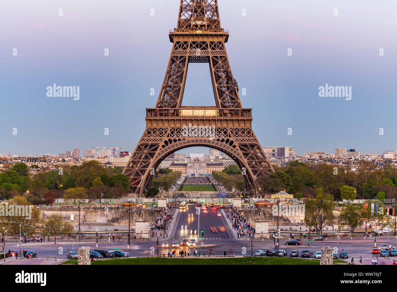 France, Paris, cityscape, skyline, Eiffel Tower, Place de Varsovie, Pont d'IÃ©na Bridge, traffic Stock Photo