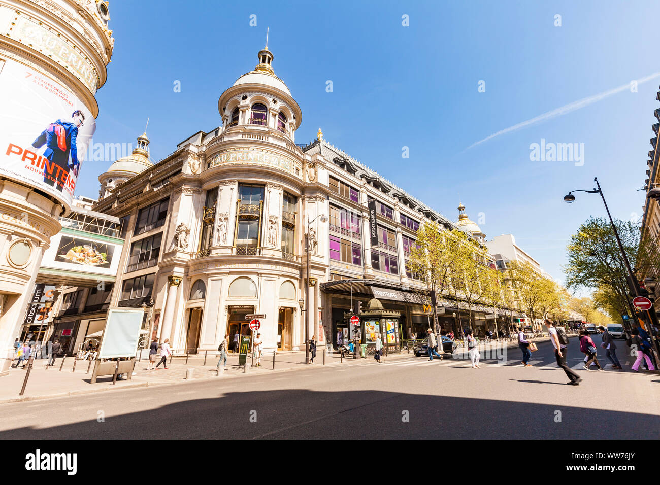 France, Paris, city centre, Boulevard Haussmann, Printemps department store, people Stock Photo