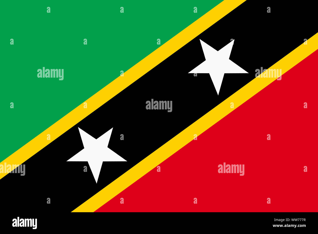A Saint Kitts and Nevis flag background illustration red green yellow diagonal stripes white stars Stock Photo