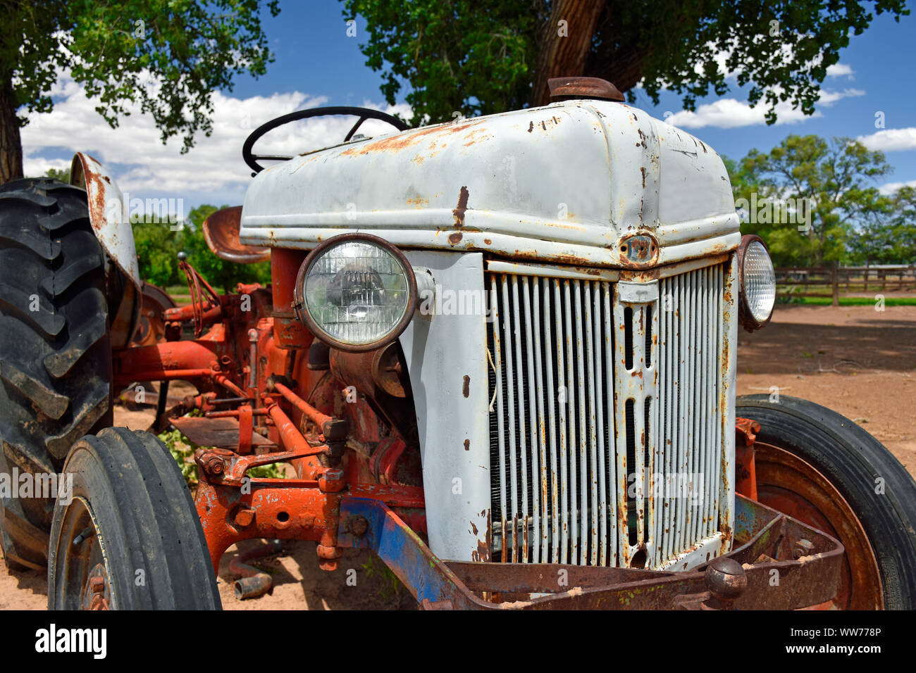 Ford N-Series Rust Bucket Tractor  on a Farm in New Mexico Stock Photo