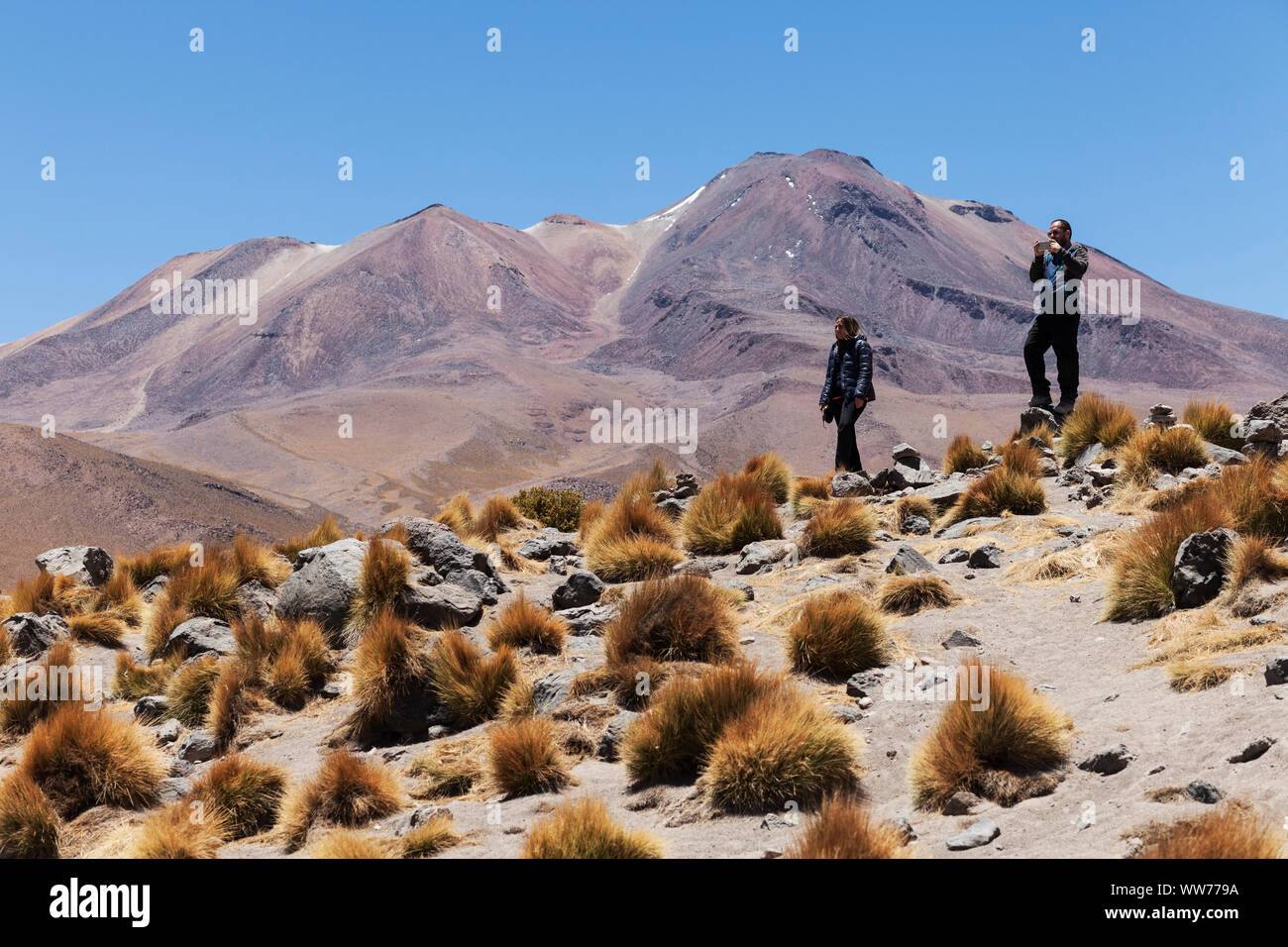 Bolivia, tourists in the Eduardo Abaroa Andean Fauna National Reserve Stock Photo