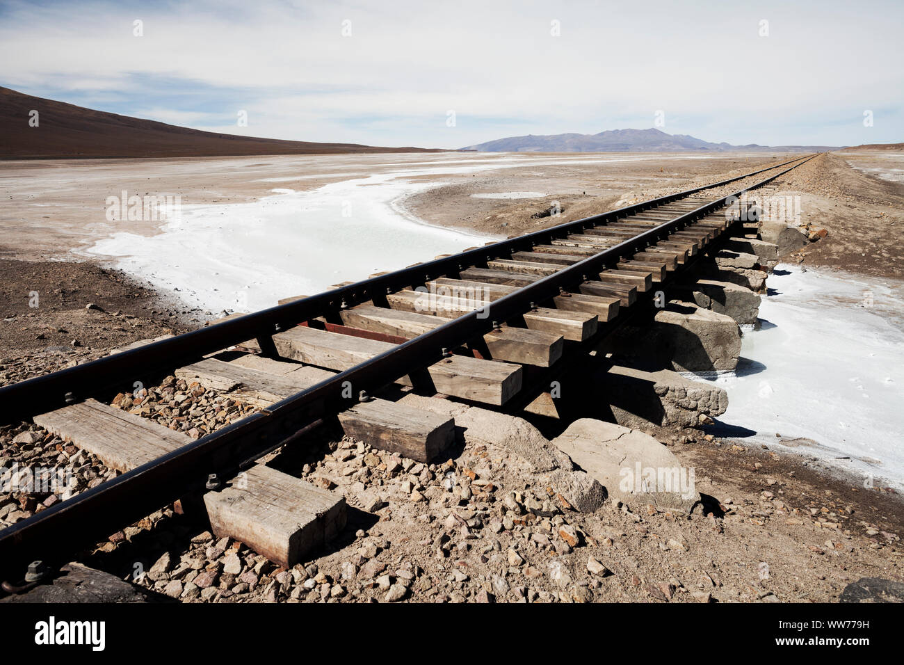 Bolivia, Eduardo Abaroa Andean Fauna National Reserve, railroad tracks Stock Photo