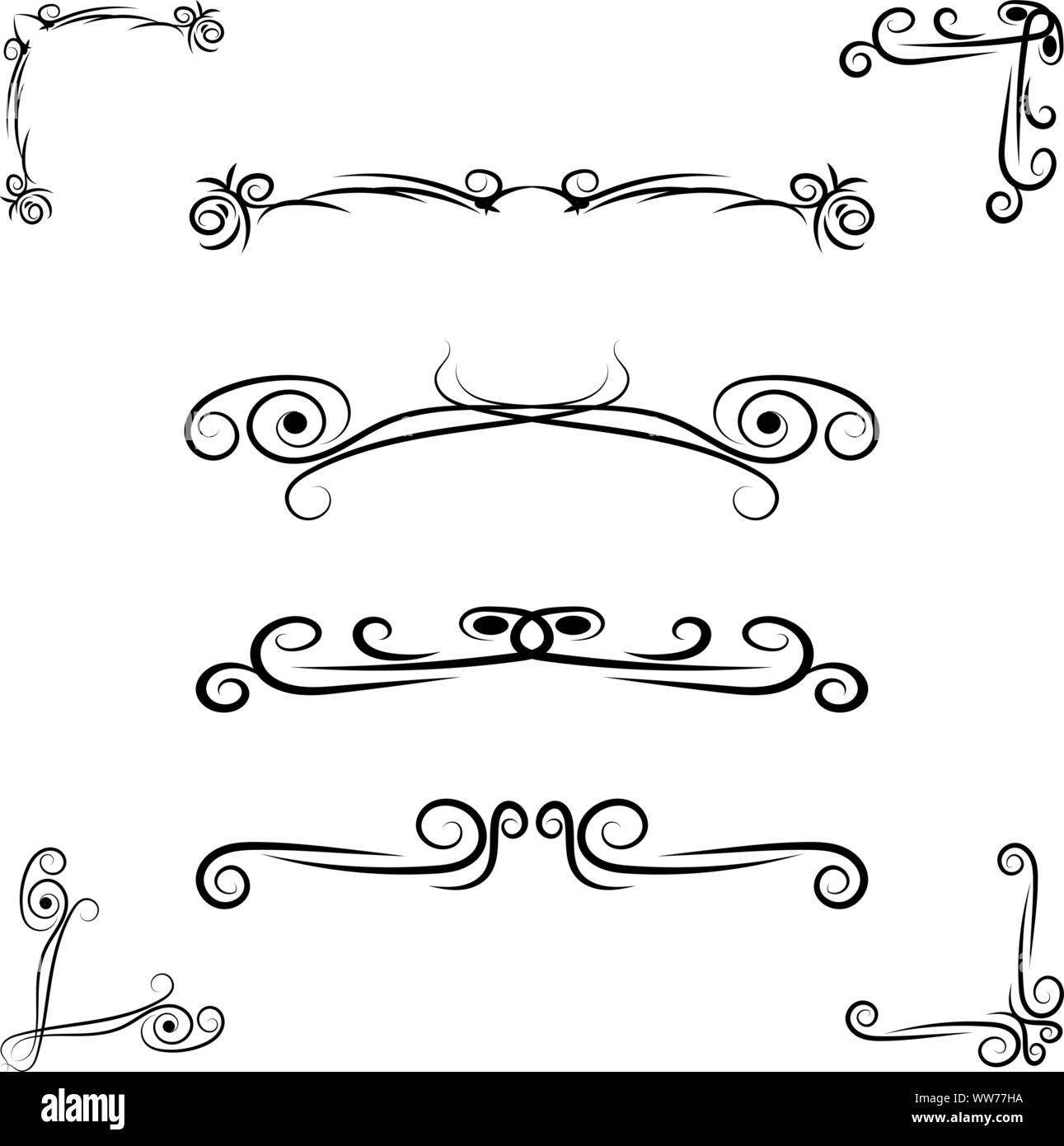 Hand drawn flourishes swirls, page dividers, border decor design elements ina vintage style Stock Vector
