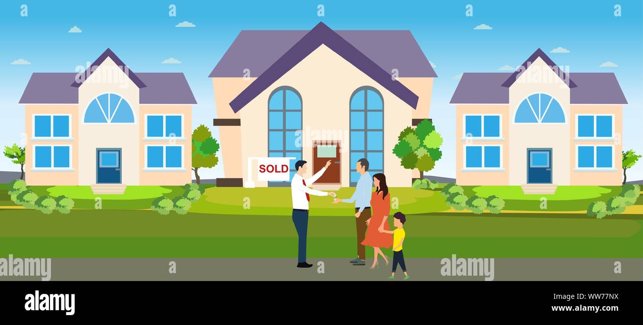 Vector of a real estate agent giving new house keys to a young couple Stock Vector