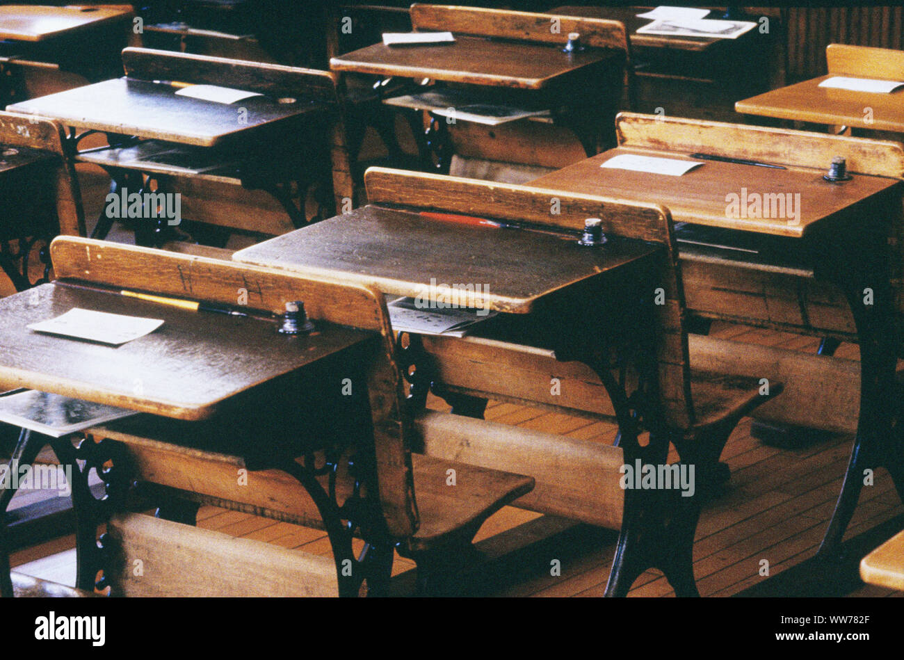 Desks in a Vintage Classroom Stock Photo