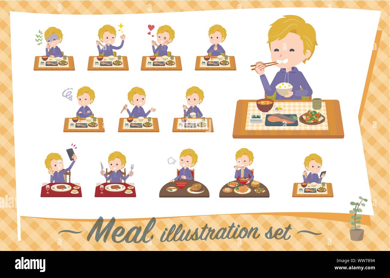 A set of boy about meals.Japanese and Chinese cuisine, Western style dishes and so on.It's vector art so it's easy to edit. Stock Vector