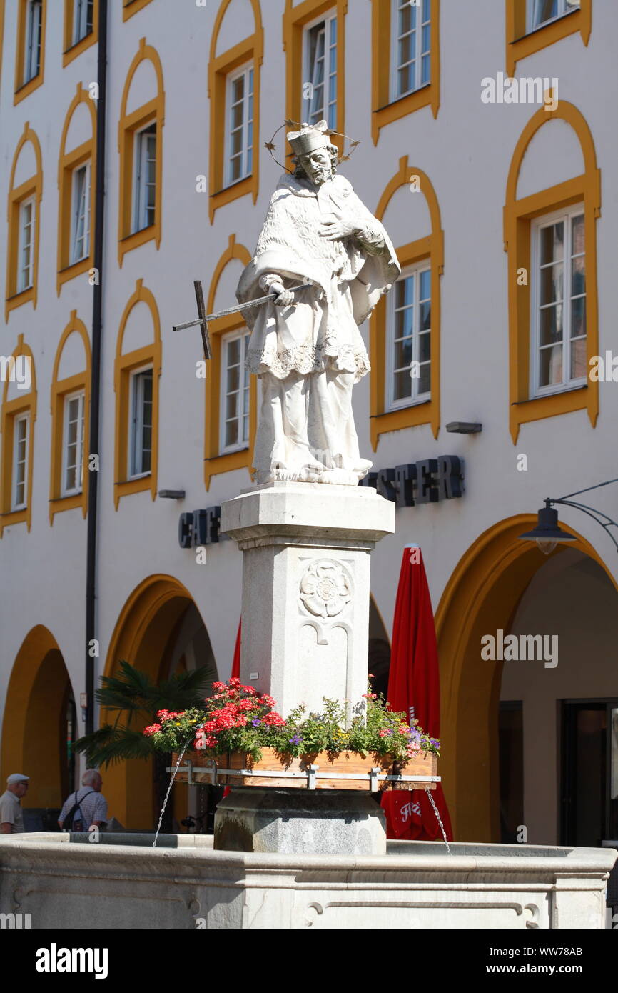 Max-Josefs-Platz Square, John of Nepomuk Fountain, Rosenheim, Upper Bavaria, Bavaria, Germany, Europe Stock Photo