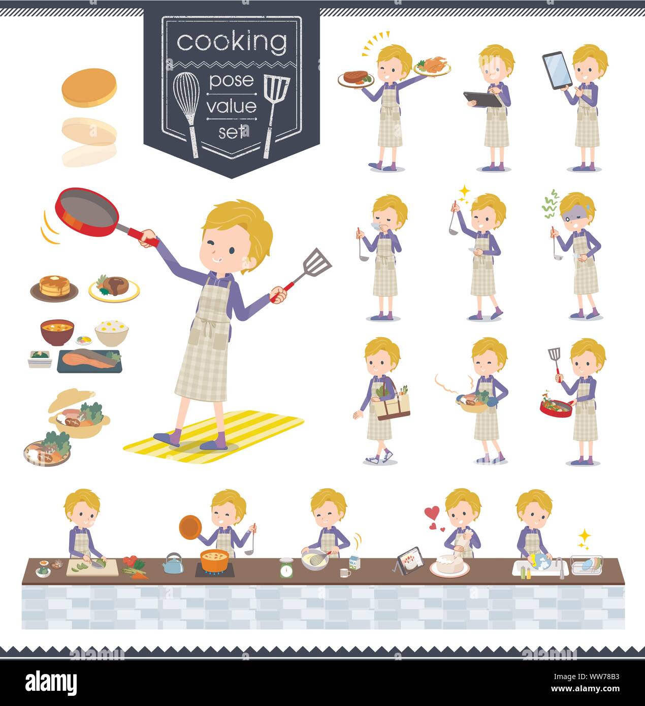 A set of boy about cooking.There are actions that are cooking in various ways in the kitchen.It's vector art so it's easy to edit. Stock Vector