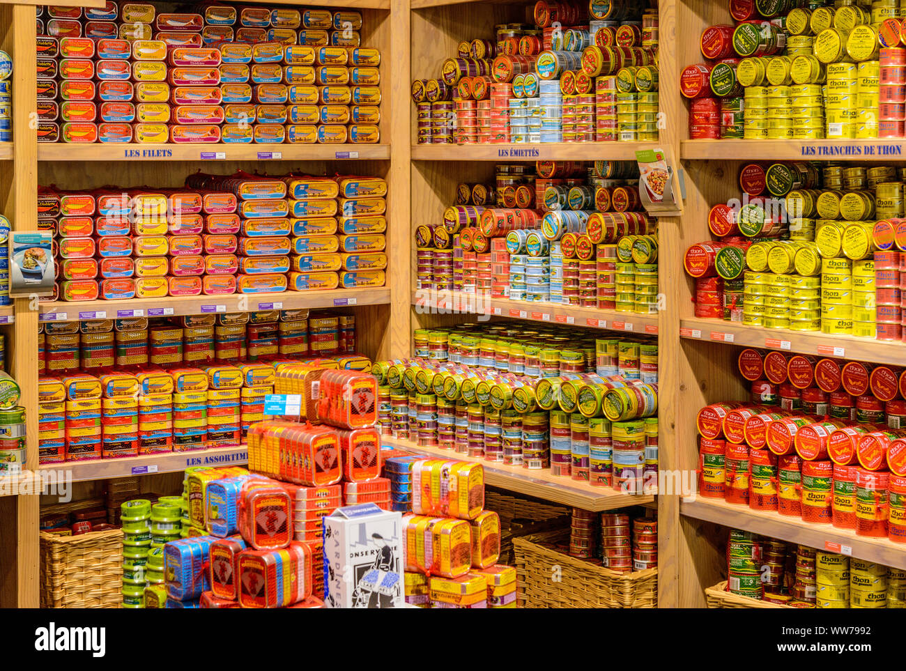 France, Brittany, FinistÃ¨re Department, Quimper, Place Saint Corentin, canned food store Stock Photo