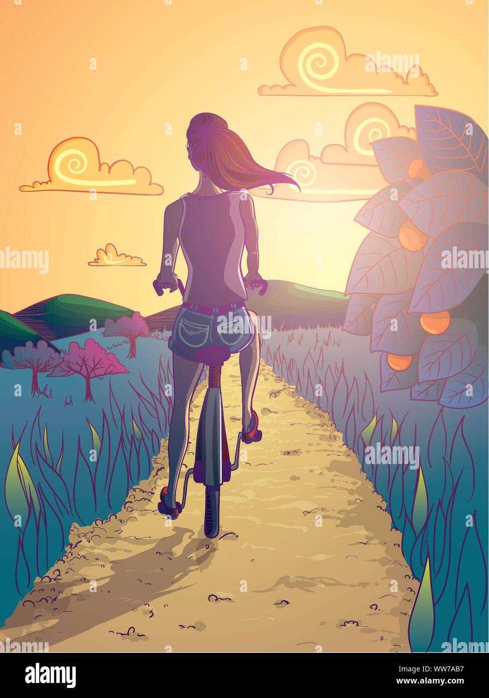 Vector illustration of a biking girl in the sunset Stock Vector