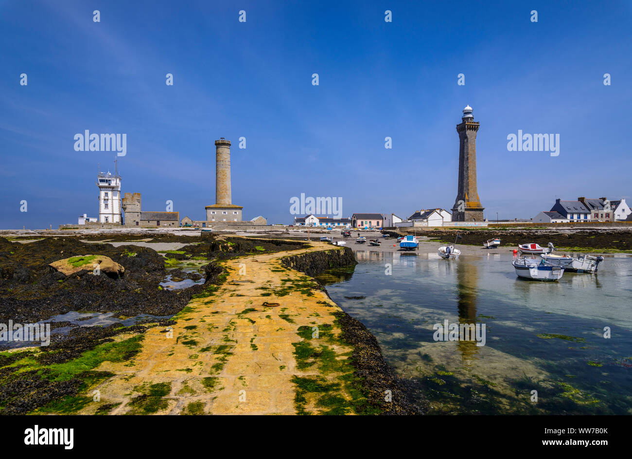 France, Brittany, FinistÃ¨re Department, Penmarc'h, Pointe de Penmarc'h with Chapel of Saint Peter, Vieux Phare and Phare d'EckmÃ¼hl lighthouses Stock Photo