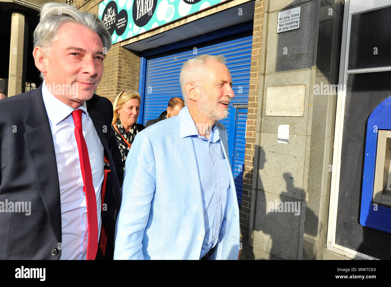 Glasgow, UK. 13 September 2019. Jeremy Corbyn MP - Leader of the Scottish Labour Party along with Richard Leanard MSP - Leader of the Scottish Labour Party going into Strath Union which is the student union of Strathclyde University in Glasgow.  They are there to give a talk and answer questions from the universitys students. Colin Fisher/CDFIMAGES.COM Credit: Colin Fisher/Alamy Live News Stock Photo