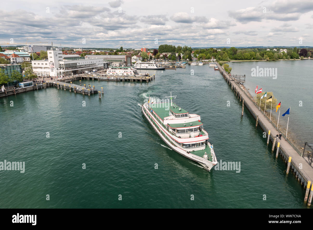 Friedrichshafen, Baden-WÃ¼rttemberg, Germany, view of the harbour and the passenger ship 'Konstanz' at the exit, Stock Photo