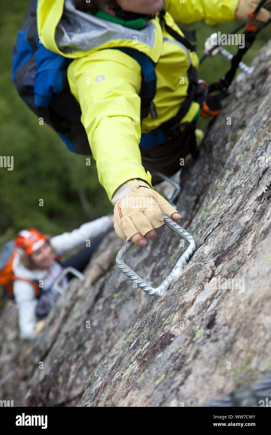 Climber on the via ferrata Nasenwand, Ginzling, Zillertal, Tirol, Austria Stock Photo