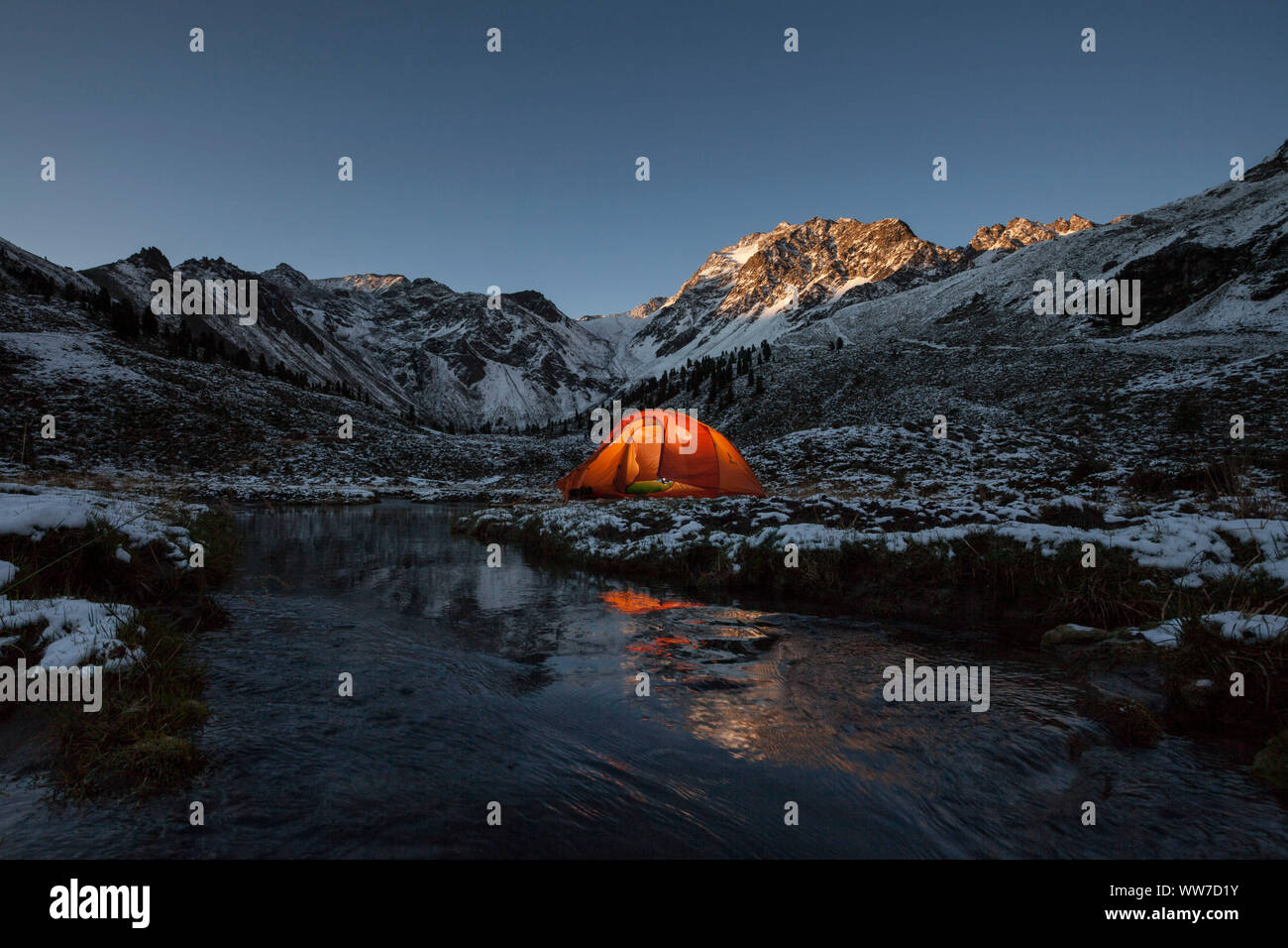 Overnight stay in a tent at the onset of winter in the Fundus valley, Ã–tztal, Tyrol, Austria Stock Photo