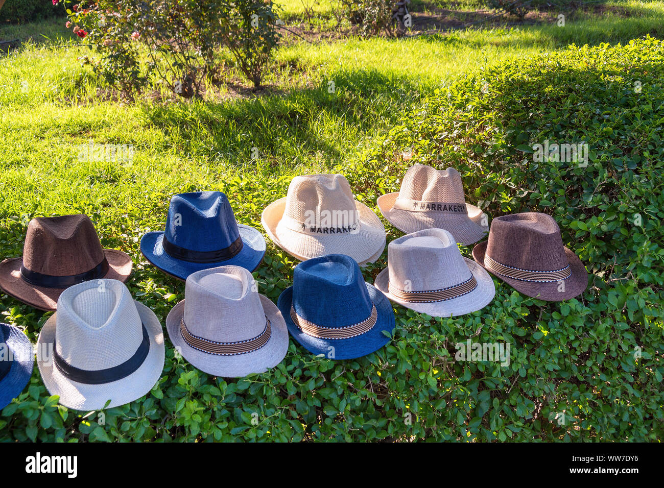 Morocco, Marrakech, souvenir shop, hats Stock Photo Alamy