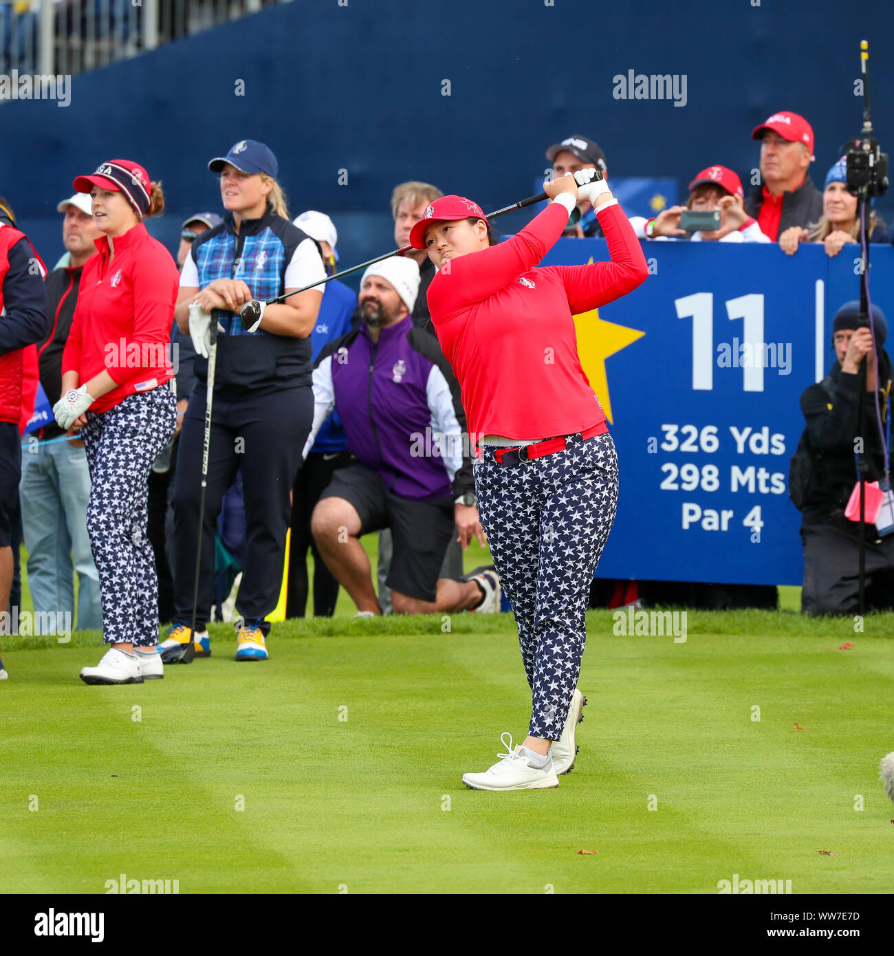 Gleneagles, UK. 13th Sep, 2019. ANNA NORDQVIST and CAROLINE HEDWALL (Europe) played against ALLY McDONALD and ANGEL YIN (USA) over the PGA Centenary course at Gleneagles in the Friday afternoon 'fourballs. The game finished on the 13th when USA - McDonald and Yin -won by 7 and 5. Angel Yin teeing off at the 11th tee.Credit: Findlay/Alamy Live News Stock Photo