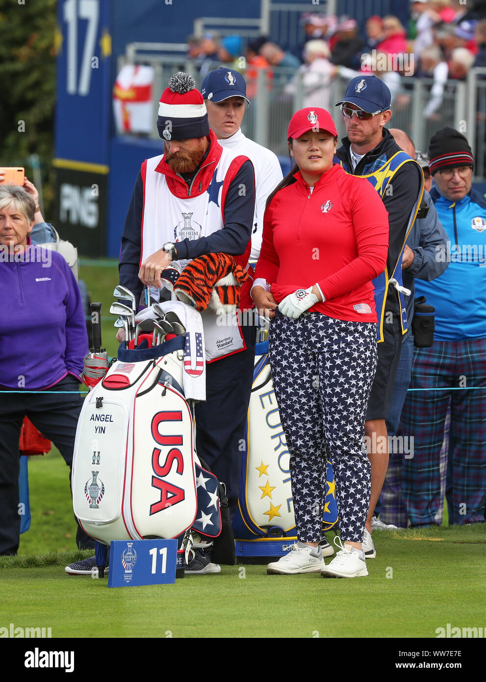 Gleneagles, UK. 13th Sep, 2019. ANNA NORDQVIST and CAROLINE HEDWALL (Europe) played against ALLY McDONALD and ANGEL YIN (USA) over the PGA Centenary course at Gleneagles in the Friday afternoon 'fourballs. The game finished on the 13th when USA - McDonald and Yin -won by 7 and 5. Angel Yin teeing off at the 11th tee.Credit: Findlay/Alamy Live News Stock Photo