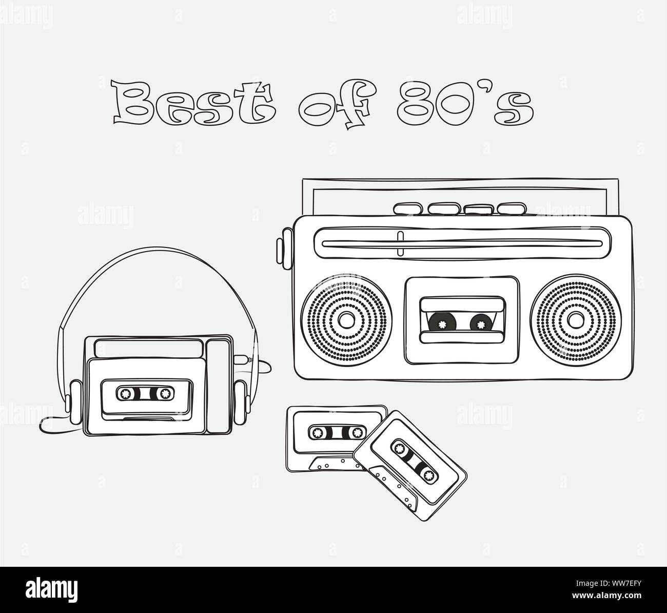 Cassette tapes and boombox. Music vector illustration. Hand drawn line art design. Best of 80's. Vintage elements. Stock Vector