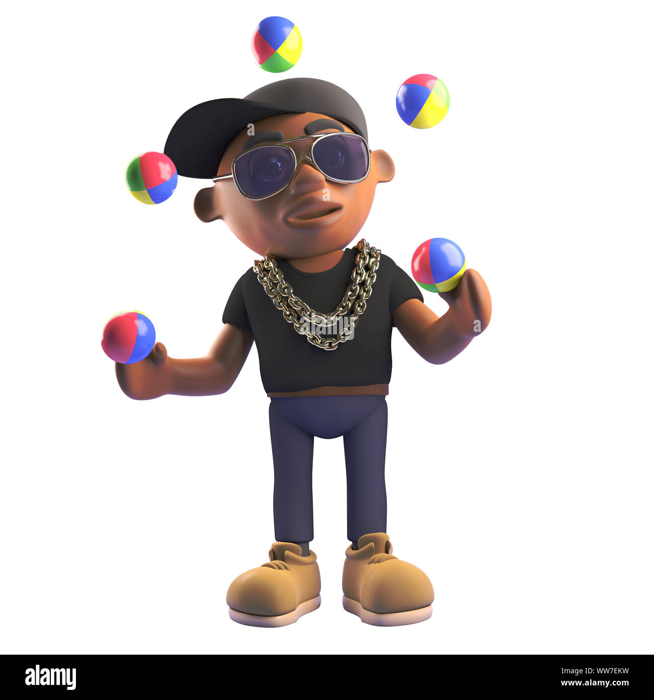 3d cartoon black hiphop rapper character juggling with juggling balls ...