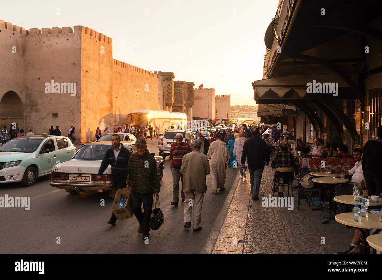 Morocco, royal city of Meknes, Bab El Mansour, city wall, evening street scene Stock Photo
