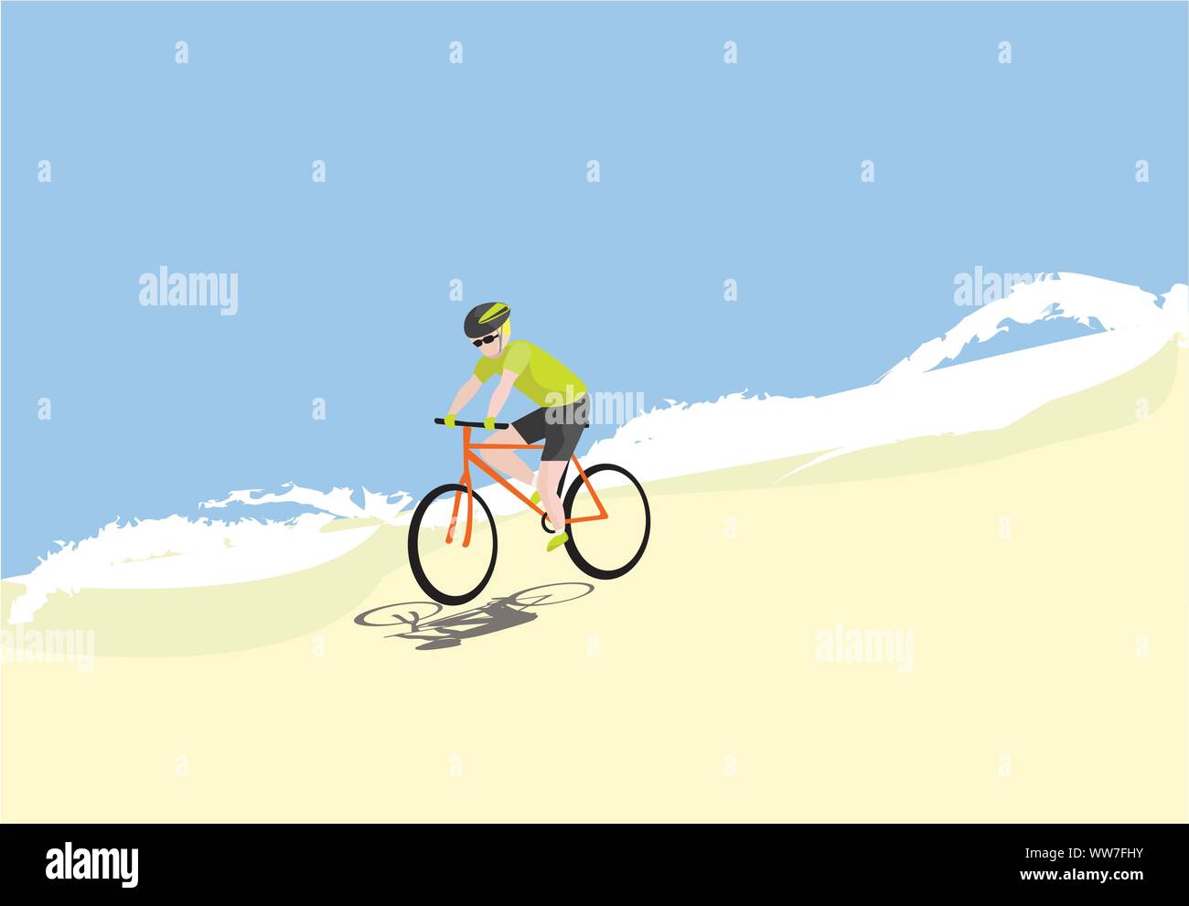 Man ridding bike on the beach vector illustration. Biker outdoor sports