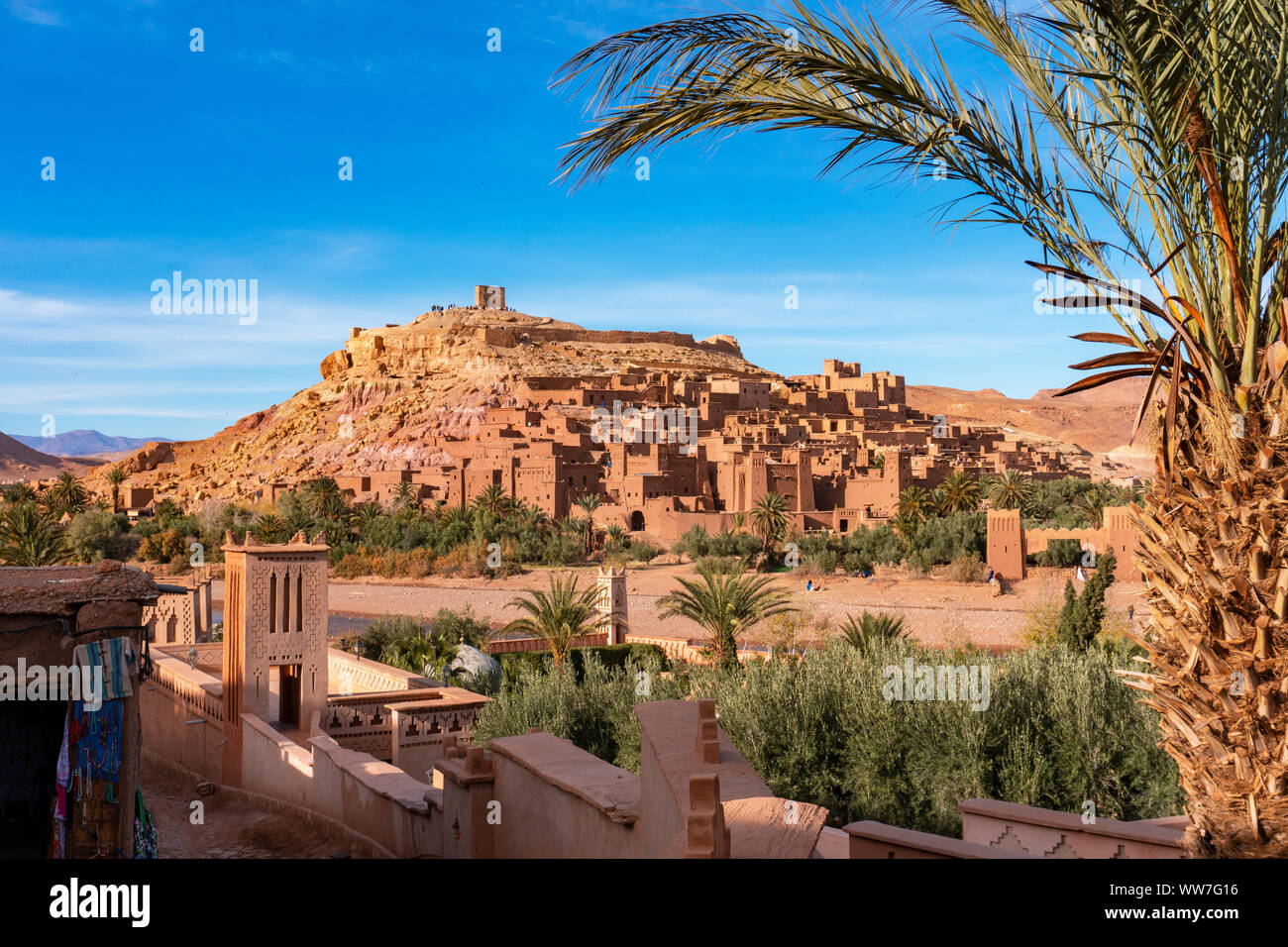 View from street on the fortified town of Ait ben Haddou near Ouarzazate on the edge of the sahara desert in Morocco. Atlas mountains Stock Photo