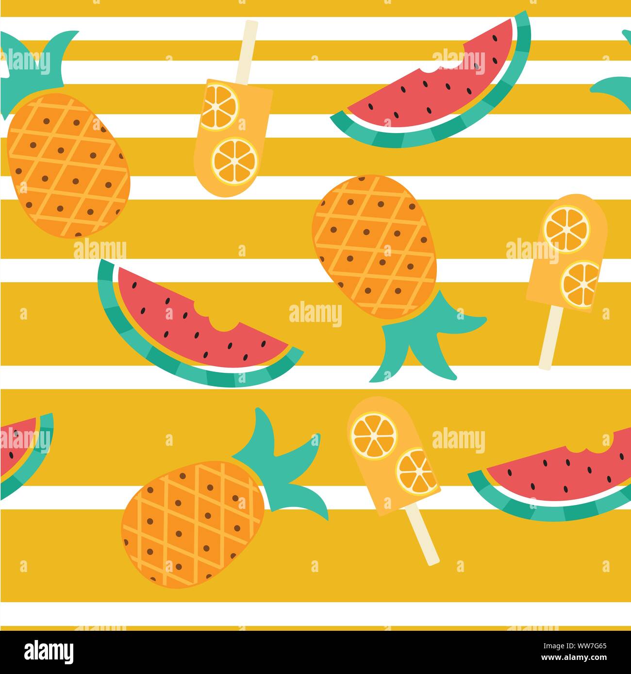 Tropical fruits seamless pattern vector. Pineapple, watermelon e lemon popsicle on stripes background. Stock Vector