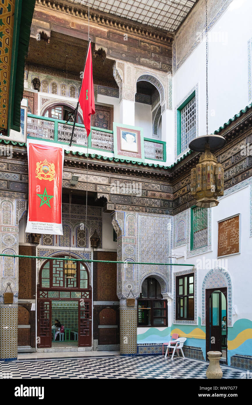 Morocco, Fez, school of pedagogical renaissance, courtyard Stock Photo