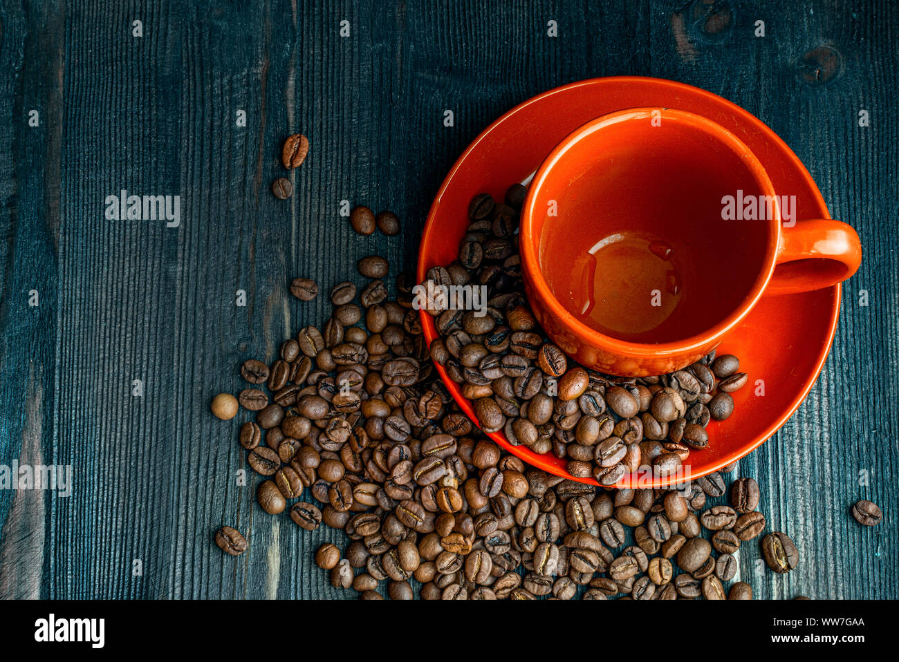 Download Empty Mockup Red Coffee Cup On Wooden Desk Morning Coffee Mood Stock Photo Alamy
