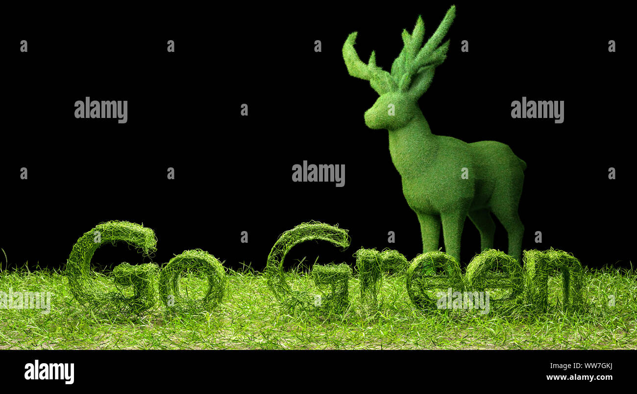 3d Go Green Letter On Green Field And Grass Deer Isolated Black Background Stock Photo Alamy