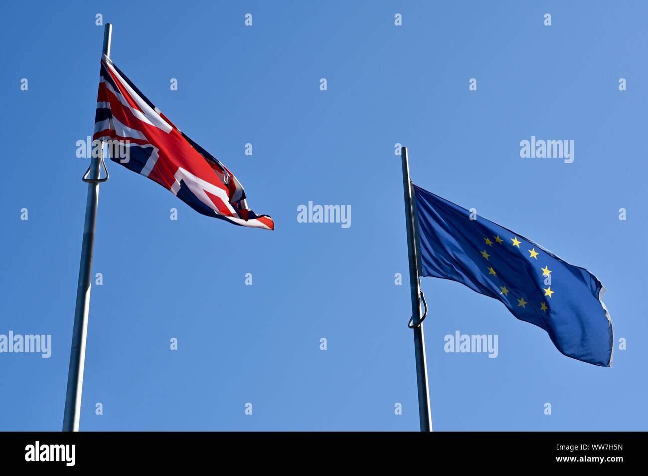 British Union Jack and European Union Flags flying side by side, City Hall, London. UK Stock Photo