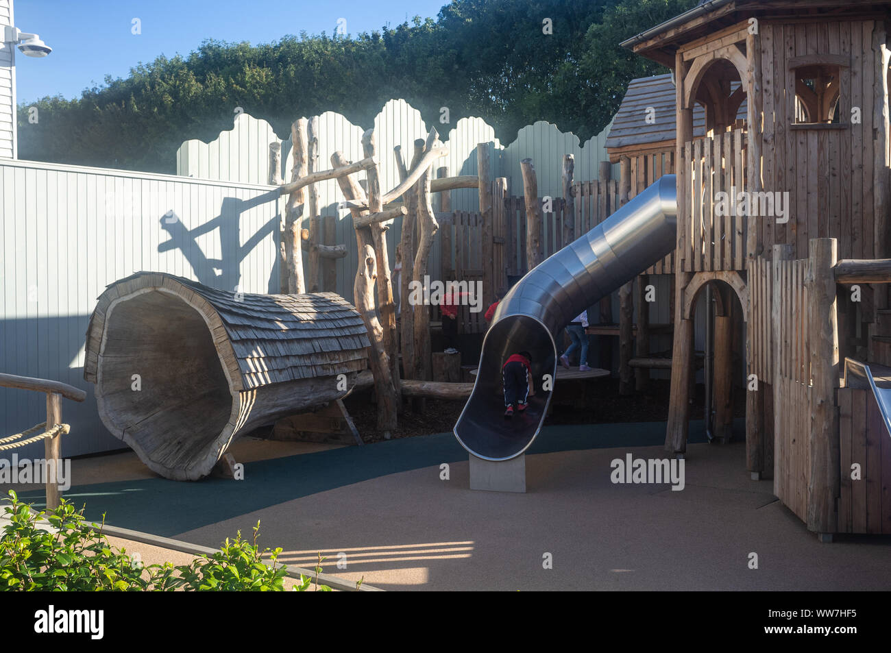 Children's Play area at Bicester Village, Oxfordshire, UK. The playground is mainly made from wood, an eco sustainable product. Stock Photo