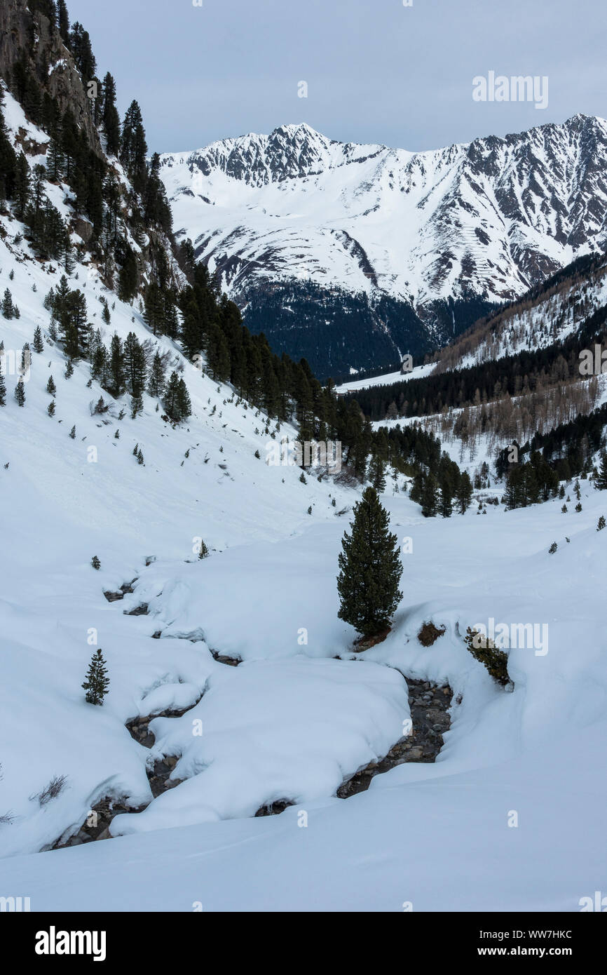 Austria, Tyrol, St. Sigmund in Sellrain, view to the snowy Gleirschtal Stock Photo