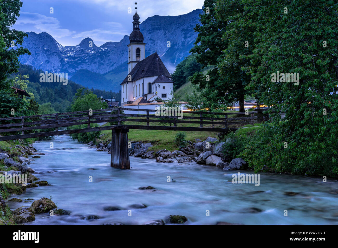 Germany, Bavaria, Berchtesgaden region, Ramsau, evening mood at the parish church of St. Sebastian in Ramsau Stock Photo