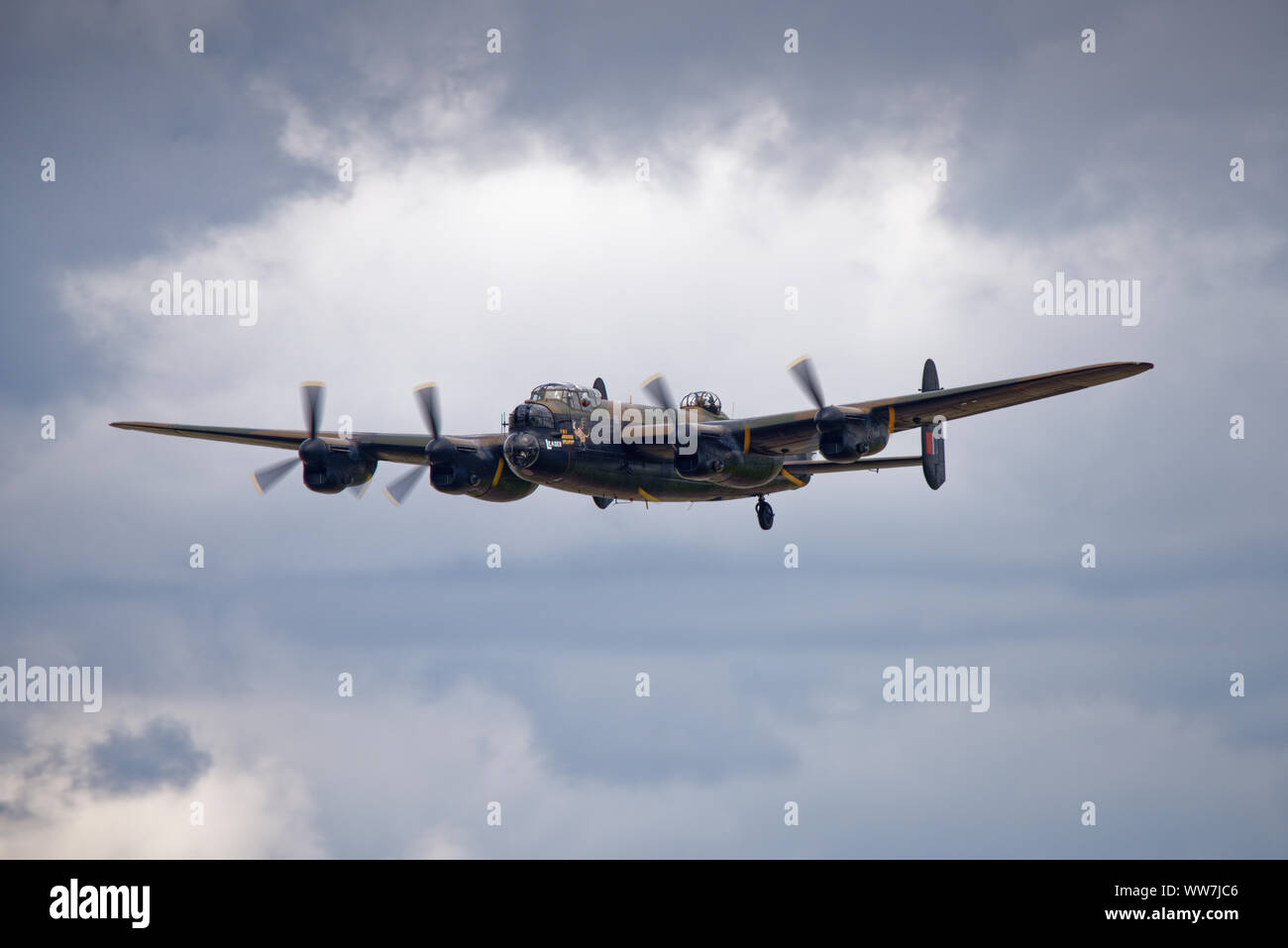 British World War Two Heavy Bomber Avro Lancaster PA474 of the Battle of Britain Memorial Flight displays at the Royal International Air Tattoo. Stock Photo