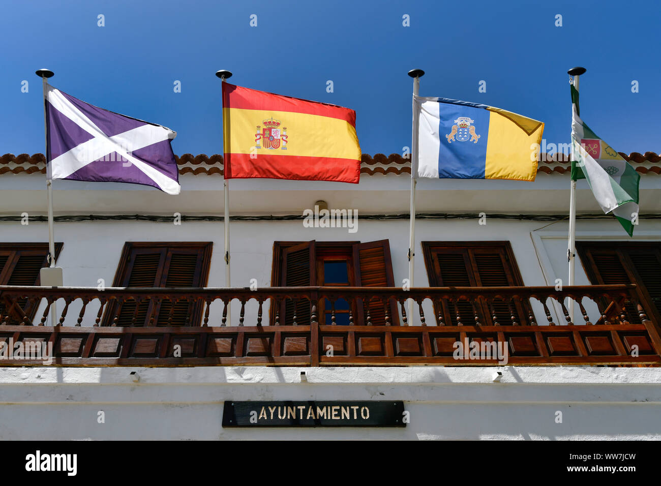 Flags at the city council, mayor's office, Ayuntamiento, Vilaflor de Chasna, Tenerife, Canary Islands, Spain Stock Photo