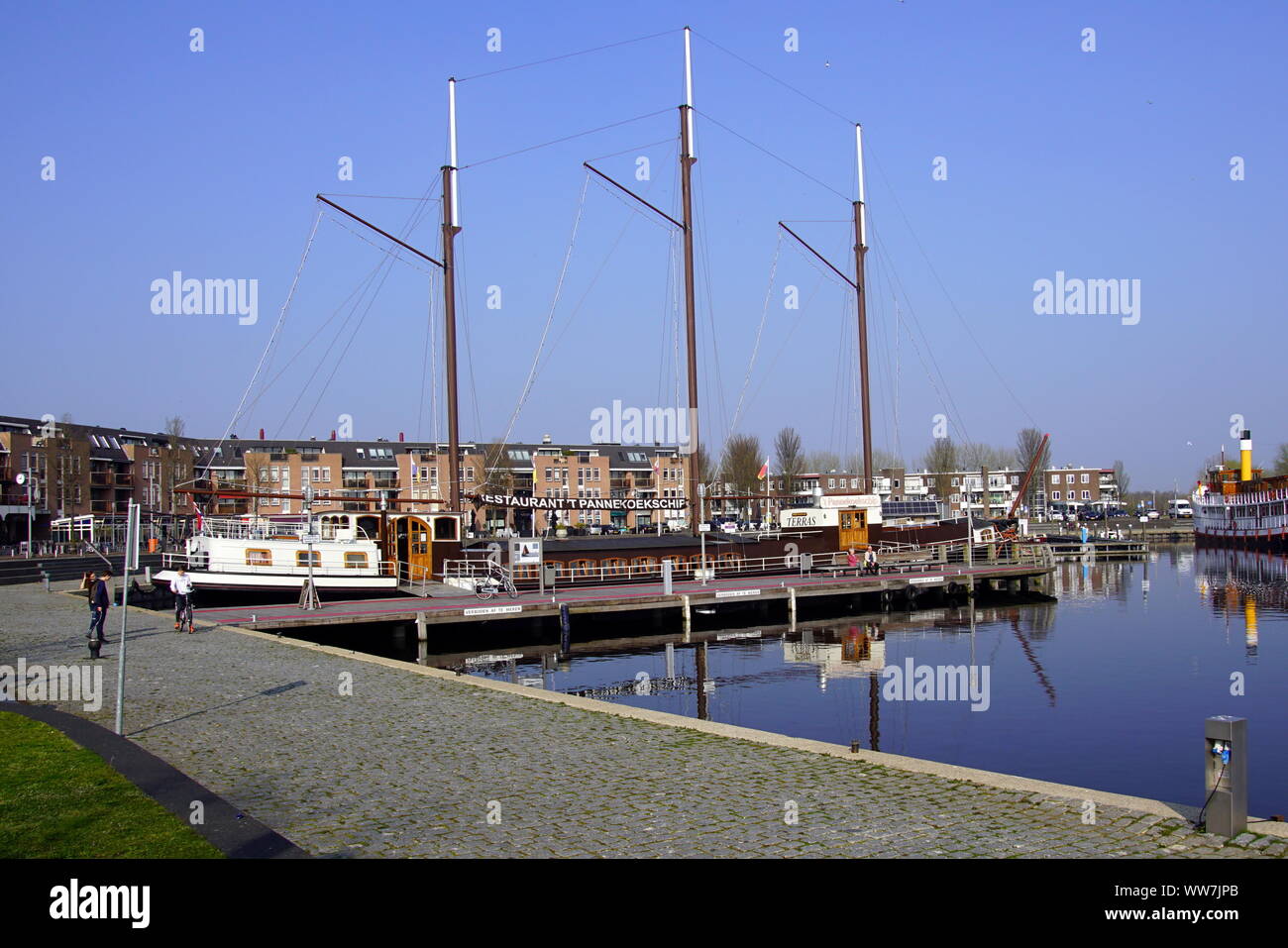 Almere, the Netherlands - March 29, 2019: Pancake restaurant ship the harbor of Almere Haven. Stock Photo