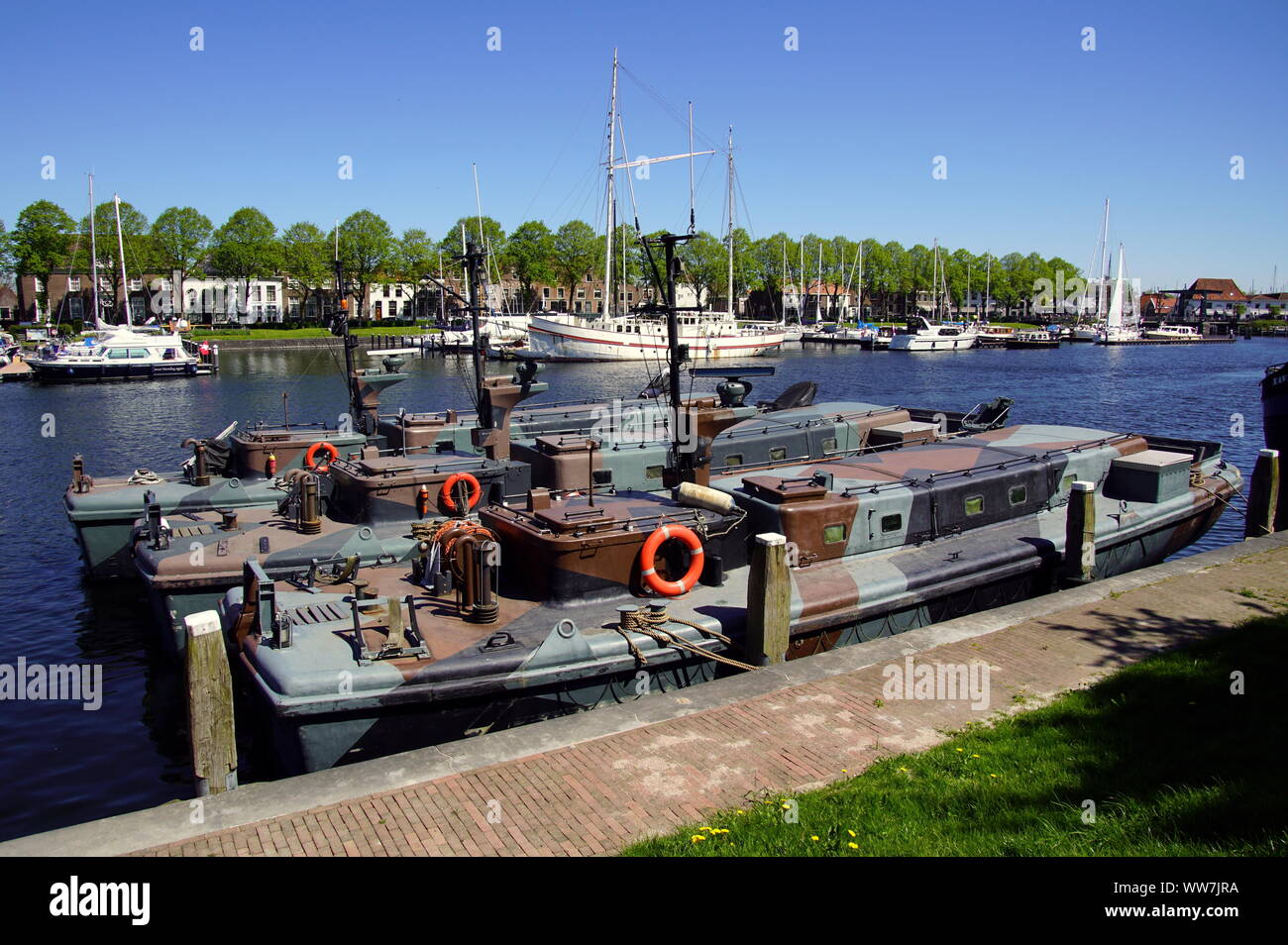 Medemblik, the Netherlands - May 6, 2018: Dutch Military Landing Crafts in the harbor of Medemblik. Stock Photo