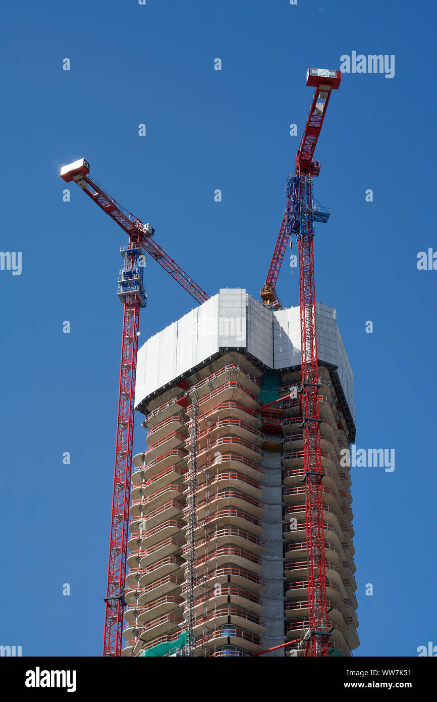 Germany, Hesse, Frankfurt am Main, construction of a high-rise building, cranes, scaffolding Stock Photo