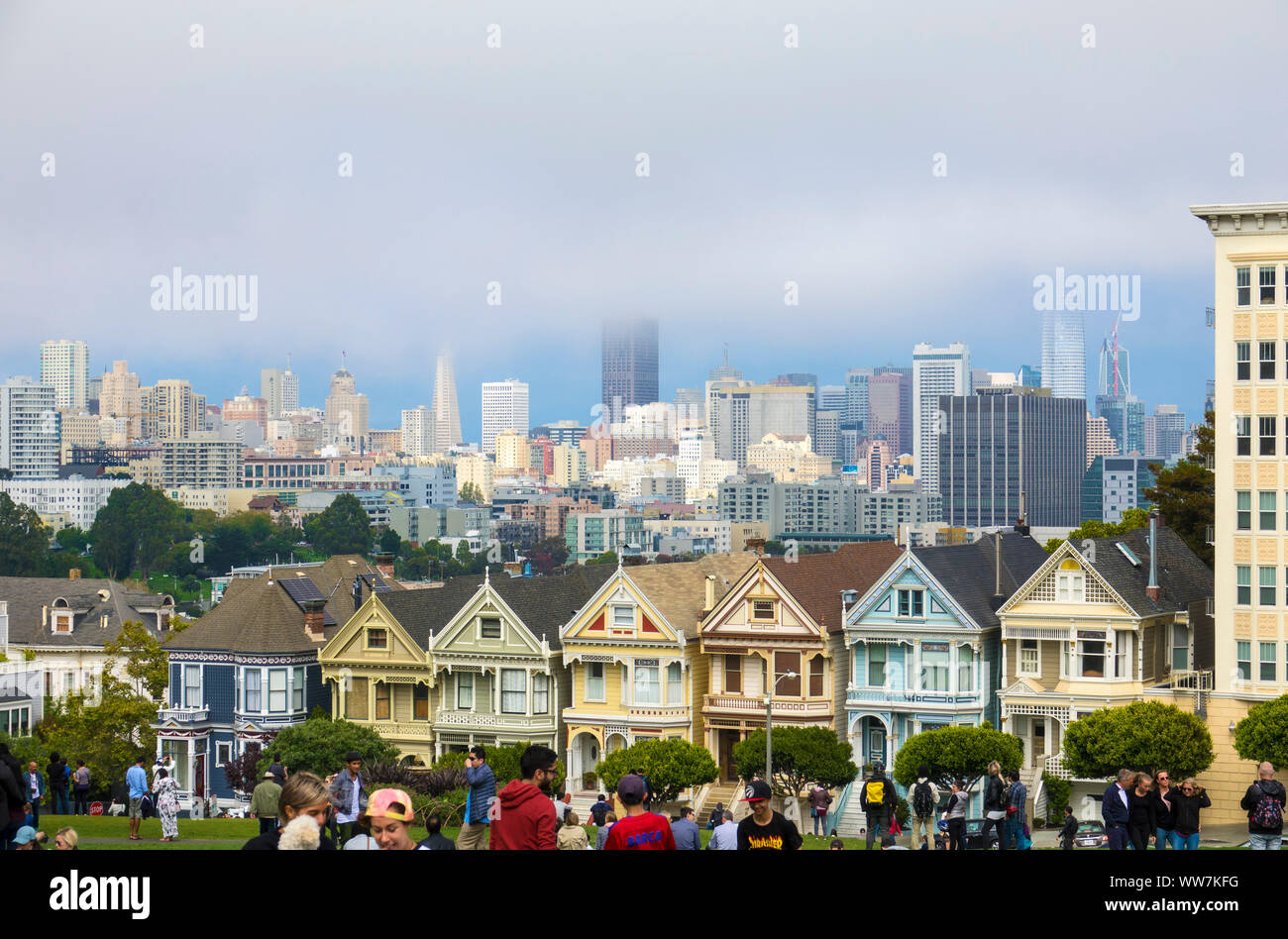 USA, California, San Francisco County, Painted Ladies houses in Steiner Street at the Alamo Square Park Stock Photo