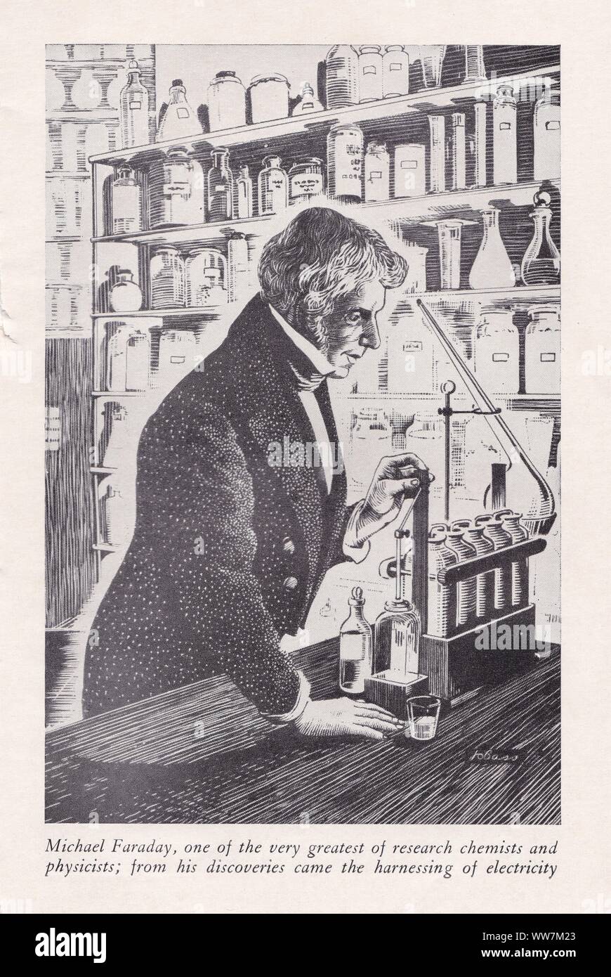 Book plate / print of ' Michael Faraday'   English scientist of electromagnetism and electrochemistry.  1791 - 1867. Stock Photo